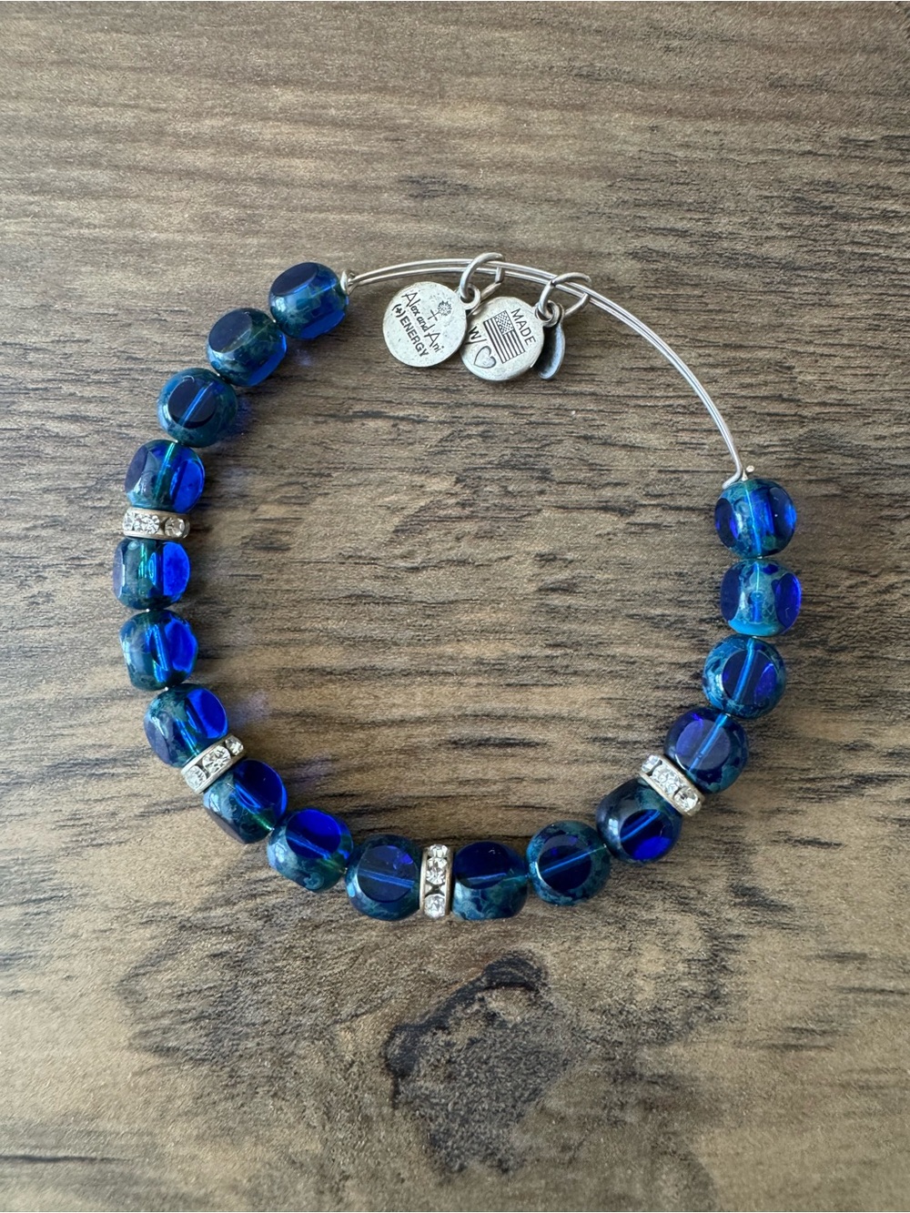 Alex and Ani Cobalt Blue Glass Bead Expandable Bracelet with Crystal Spacers